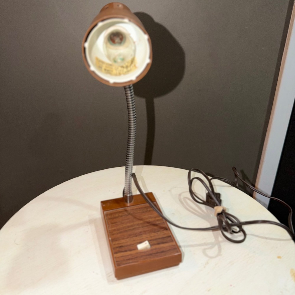 Vintage 70s Shine Gooseneck Desk Lamp Faux Wood Grain Brown Retro Mid Century‎
